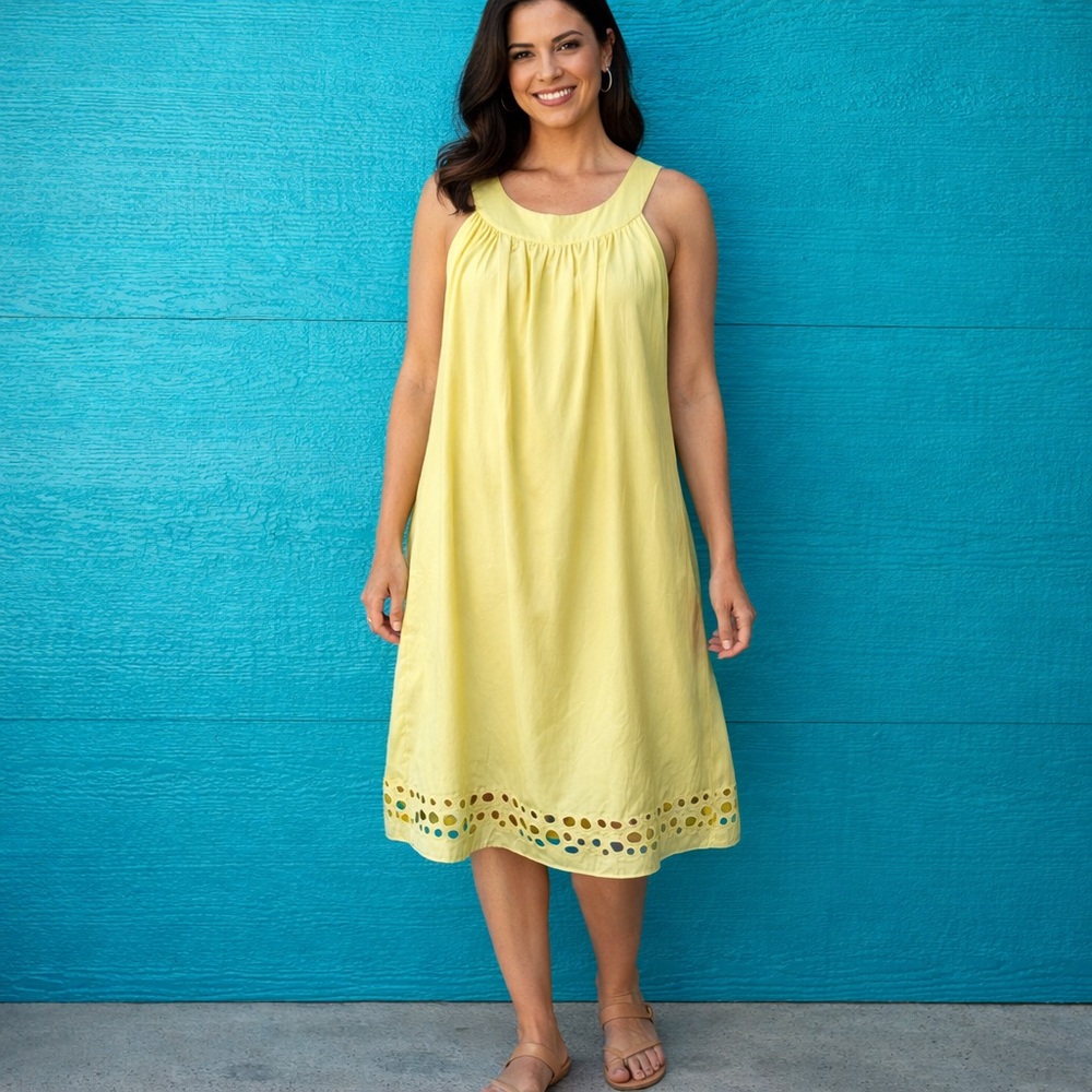 BUTTER YELLOW FLOWY CUTOUT HEM SLEEVELESS SILKY SHIFT DRESS SIZE 10 NWT